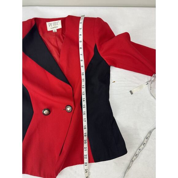 Petite Sophisticate Blazer Red Black Cinched 80s Twee Shoulder Pads Retro Office - Picture 4 of 12